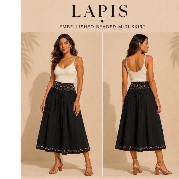 Lapis Dresses & Skirts - Lapis Black Cotton Beaded Sequin A-Line Skirt Boho Wood Bead Hem Size L 750